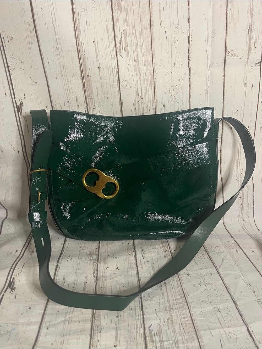 TORY BURCH Gemini Link Crossbody Messenger Bag Emerald Green Patent Leather
